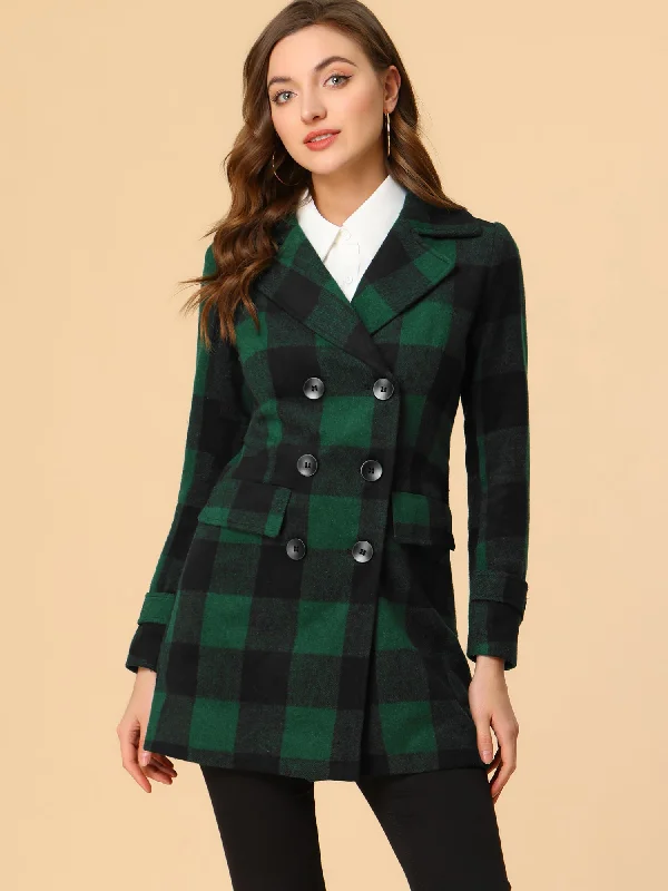 Buffalo Checks Double Breasted Notched Lapel Plaid Trench Pea Coat Appliqued Beaded Sequined