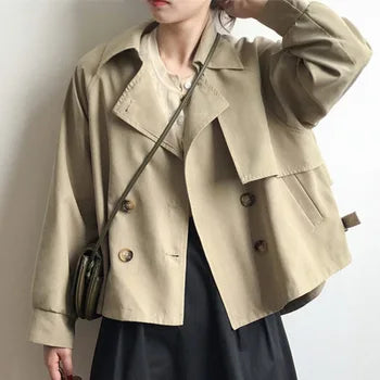 Wjczt 2024 Japanese Turn down Collar Full Regular Sleeve Khaki Trench Loose Straight Short Khaki Office Lady Fabric Belt Coat Plaid Tartan Floral