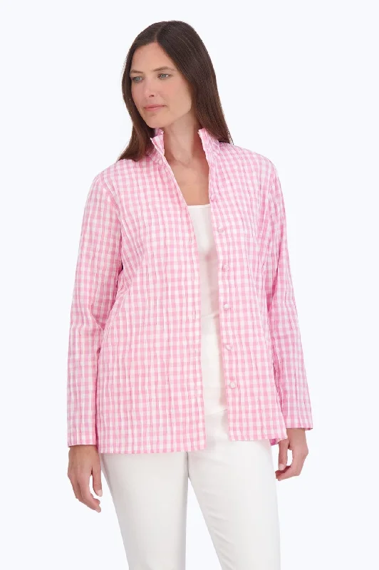 Carolina Crinkle Gingham Shirt Jacket Hoodie Zip-Up Jacket Button-Up Jacket