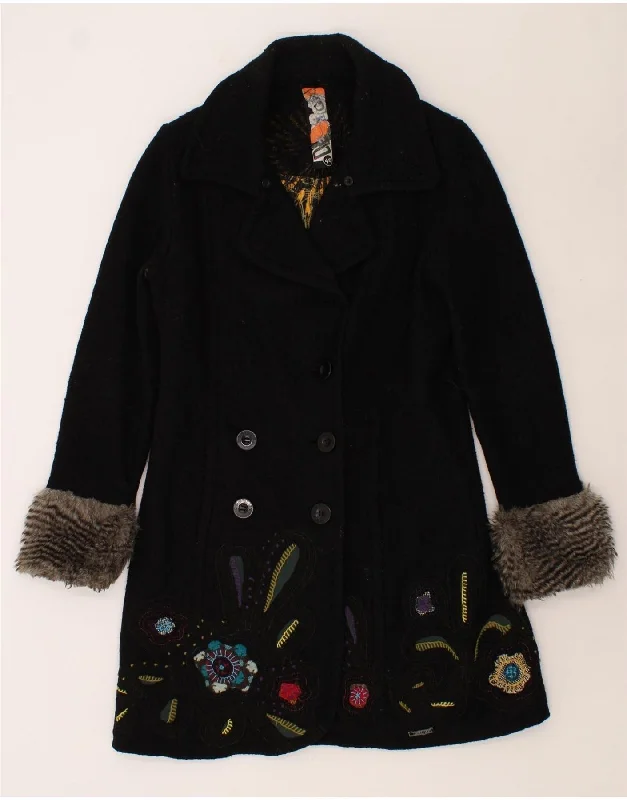 DESIGUAL Womens Graphic Double Breasted Coat EU 40 Medium Black Floral Denim Leather Suede