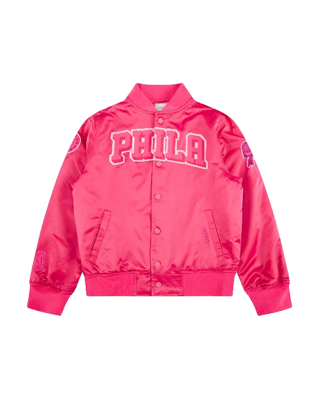 NBA PHILADELPHIA 76ERS TRIPLE PINK BIG GIRLS  SATIN JACKET (BEETROOT PURPLE) Anorak Shell Jacket Lightweight Jacket