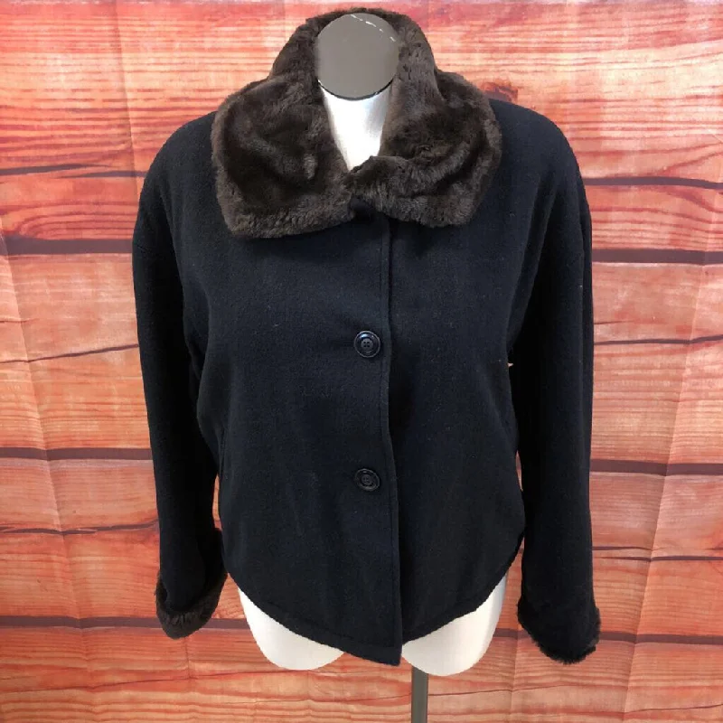 VNTG CASUAL CORNER WOOL-BLEND BLACK COAT WITH FAUX FUR SIZE LARGE TCC Embroidered Appliqued Beaded