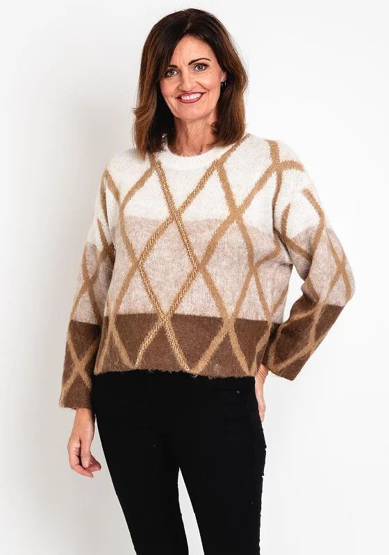 Malissa J One Size Embellished Argle Knit Jumper, Stone Silk Blend Satin Velvet