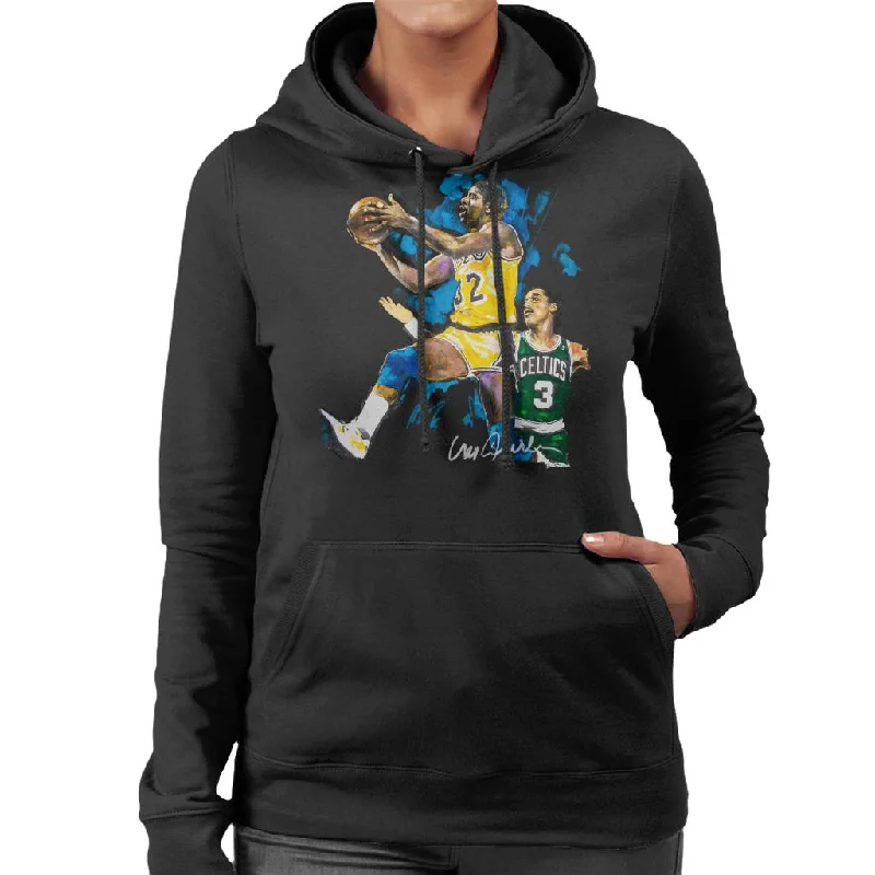 Sidney Maurer Original Portrait Of Magic Johnson Lakers Vs Celtics Women's Hooded Sweatshirt Hoodie with Color Block Contrast Stylish