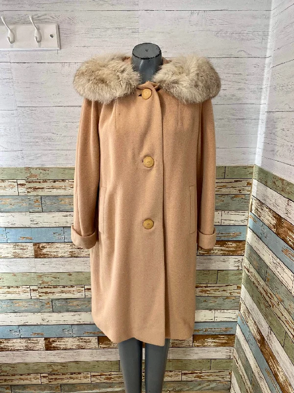 60s Beige Wool Coat With Fox Collar Shawl Collar Notch Collar Lapel Collar