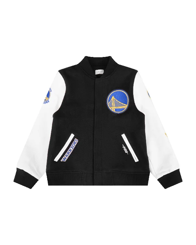 NBA GOLDEN STATE WARRIORS CLASSIC BB WOOL VARSITY JACKET (BLACK/WHITE) Zip Front Button Front Snap Front