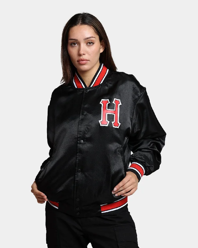 HUF Crackerjack Satin Baseball Jacket Black Front Pockets Side Pockets Patch Pockets