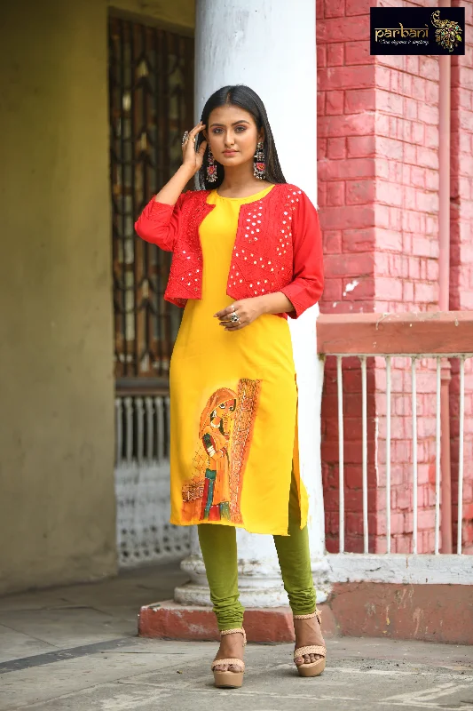 Parbani Women Magnificent  Yellow Color Hand Painted Kurti with Designer Jacket Mesh Jacket Canvas Jacket Denim Jacket