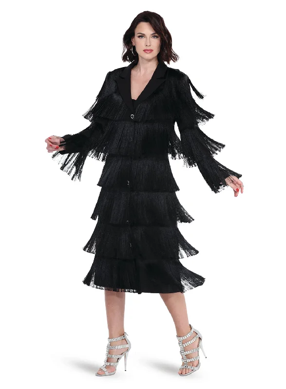 Love The Queen 17581 - Black - Long Sleeve Layered Fringe Button Up Coat Dress Cuffed Rolled Raglan