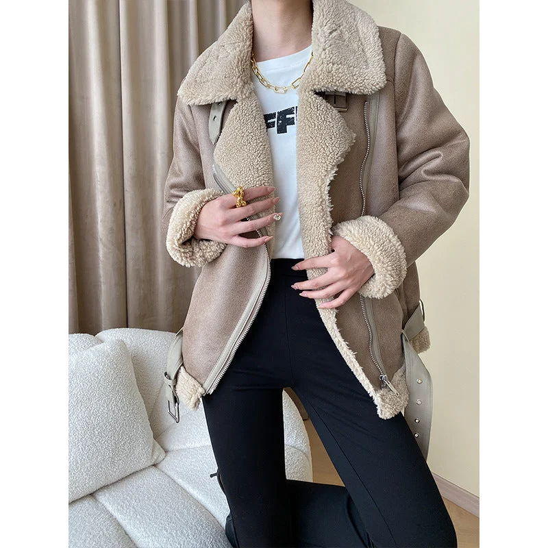 Wjczt cold weather outfits Street Motorcycle Clothing Granular Velvet Fur Integrated Stand Collar Thickened Cotton Coat Autumn and Winter Sn4345 Pockets Sleeves Lining