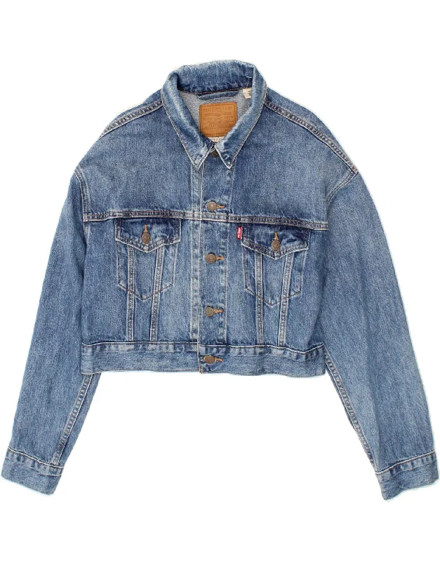 LEVI'S Womens Crop Denim Jacket UK 10 Small Blue Cotton Ribbed Jacket Pleated Jacket Ruffled Jacket