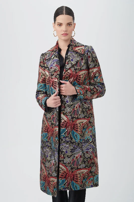 Raysun Butterfly Jacquard Midi Coat Square Neck One-Shoulder Off-the-Shoulder