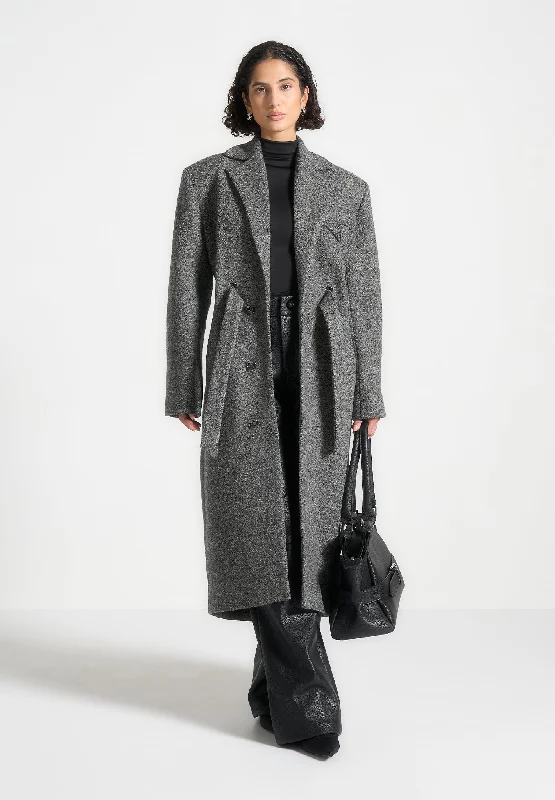 Boxy Wool Belted Coat - Grey Knit Woven Fleece