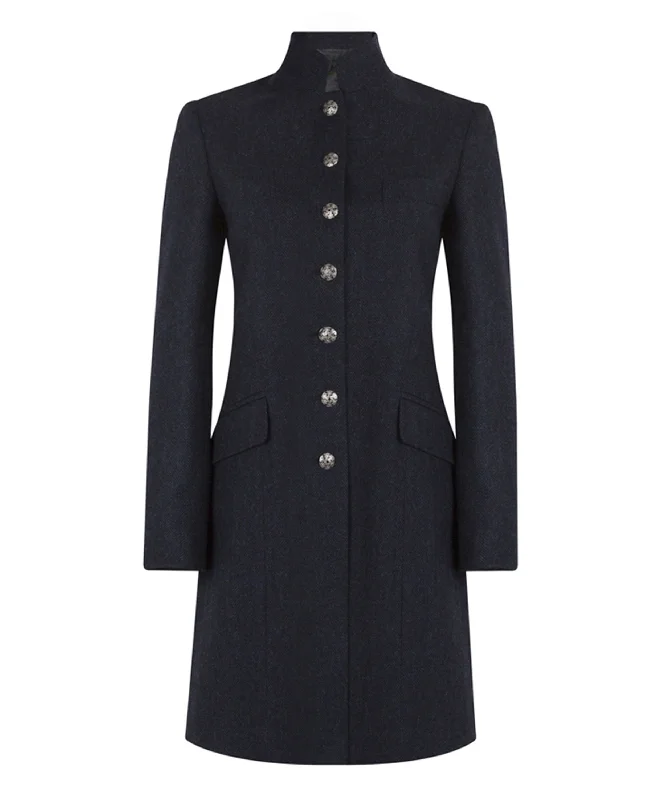 Alexandra Coat - Navy Herringbone Boat Neck Jacket Square Neck Jacket One-Shoulder Jacket