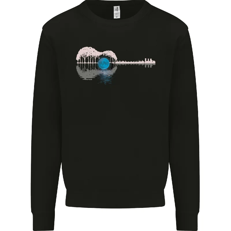 Acoustic Guitar Water Reflection Music Moon Mens Sweatshirt Jumper Hoodie with Button Placket Classic Preppy