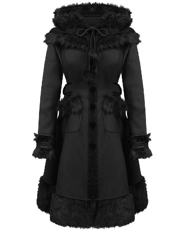 Pyon Pyon Womens Kera Doll Gothic Lolita Hooded Coat - Black Cuffed Rolled Raglan
