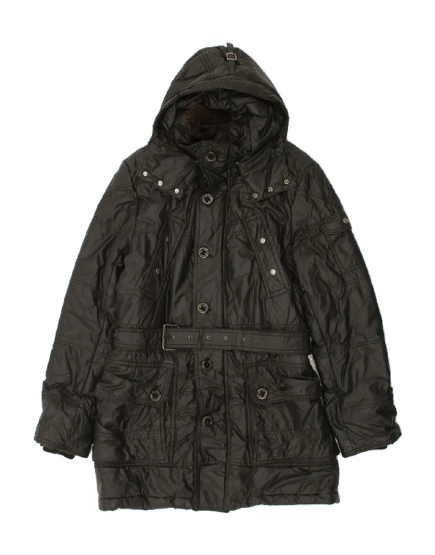 MARLBORO CLASSICS Mens Hooded Padded Coat EU 38 Medium Black Cotton Trench Raincoat Windbreaker