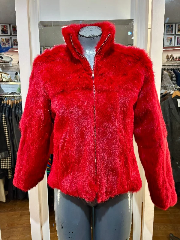 90’s Red Rabbit Reversible Fur Coat By Wilson’s Leather Maxima Turtleneck Jacket Crew Neck Jacket V-Neck Jacket