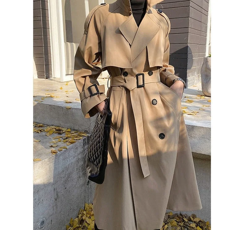 Wjczt Elegant Turn-down Collar Ladies Trench Coats Full Sleeve Double Breasted Belted Loose Female Windbreaker Winter Trench Raincoat Windbreaker