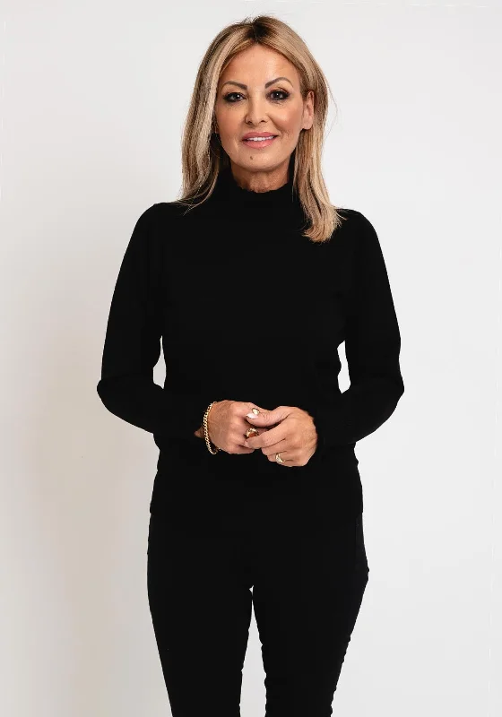 Micha Frilled High Neck Sweater, Black Sequined Glittery Shiny