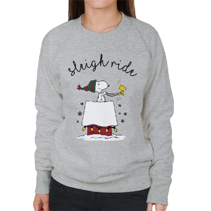 Peanuts Sleigh Ride Christmas Women's Sweatshirt Hoodie with Set-In Sleeves Structured Classic