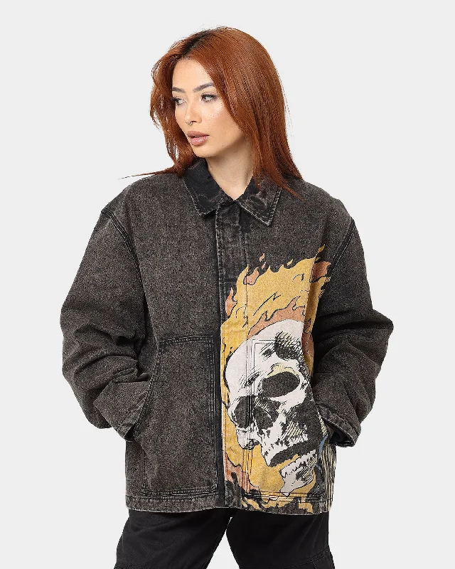 HUF X Marvel Ghost Rider Work Jacket Washed Black Faux Fur Fabric Real Fur Fabric Shearling Fabric