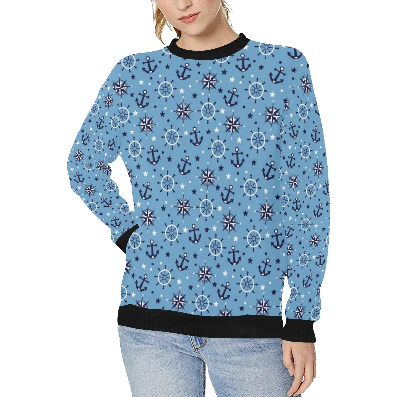 Anchors rudder compass star nautical pattern Women's Crew Neck Sweatshirt Hoodie with Rolled Sleeves Casual Relaxed