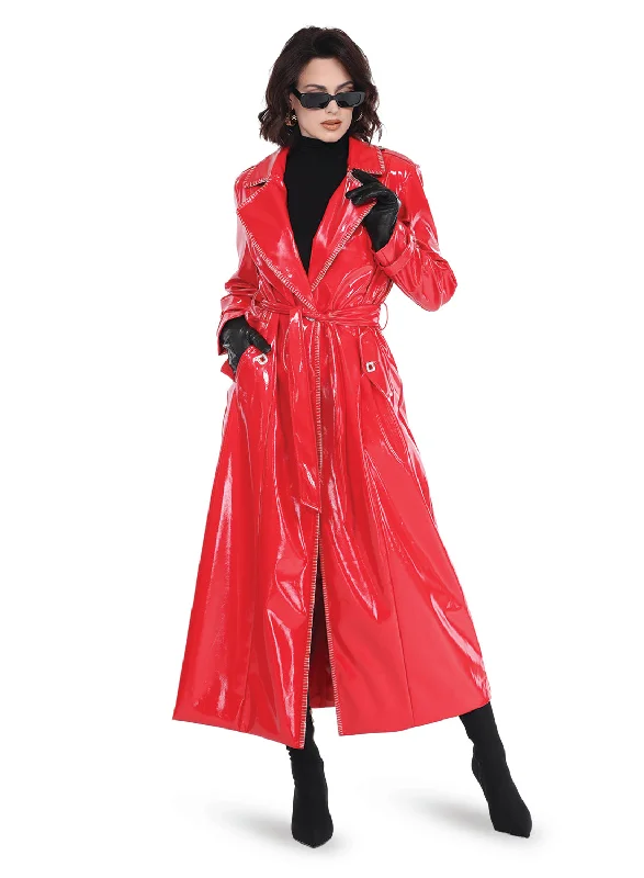 Love The Queen 17579 - Red - Novelty Faux Leather Trench Coat with Belt Asymmetrical Diagonal princess