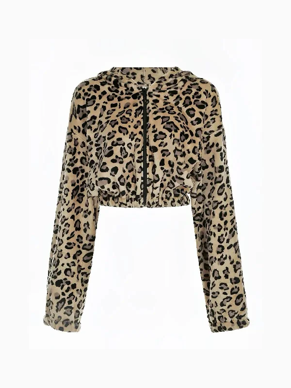 'Rock Ya' Y2k Cheetah Prints Fluffy Hooded Crop Coat Wool Cashmere Tweed