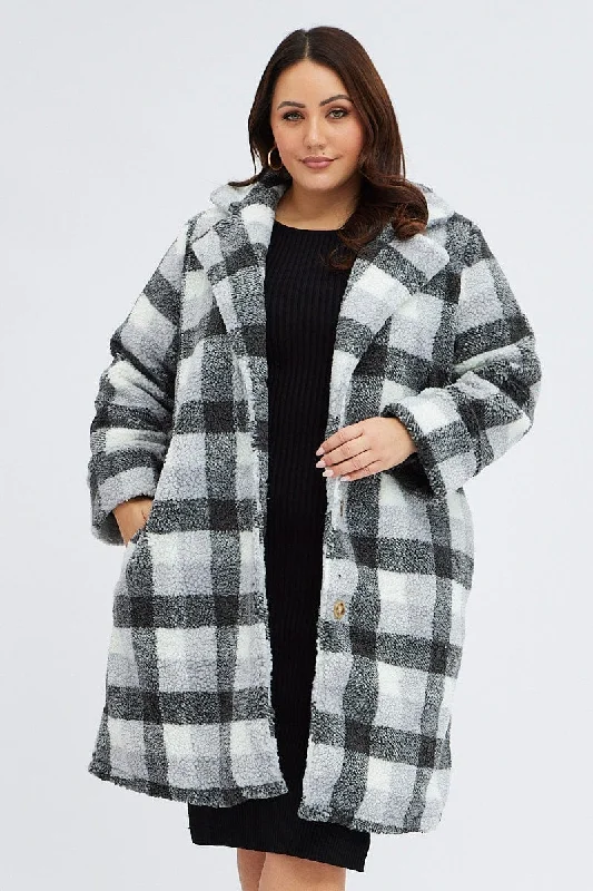 Multi Check Oversized Coat Chunky Plaid Teddy Lined Buttoned Toggled Snapped