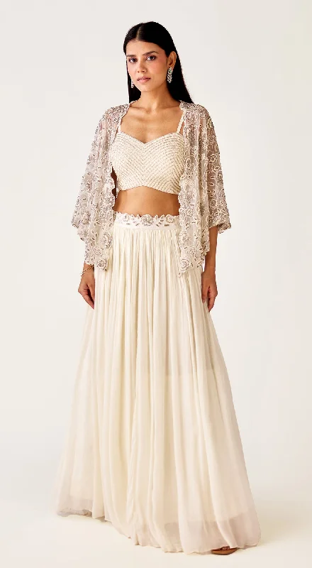 Ivory Silk Embroidered Sharara Set with Jacket Jacket Blazer Coat