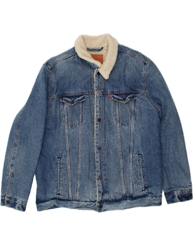 LEVI'S Mens Denim Sherpa Jacket UK 44 2XL Blue Cotton Knit Jacket Woven Jacket Fleece Jacket