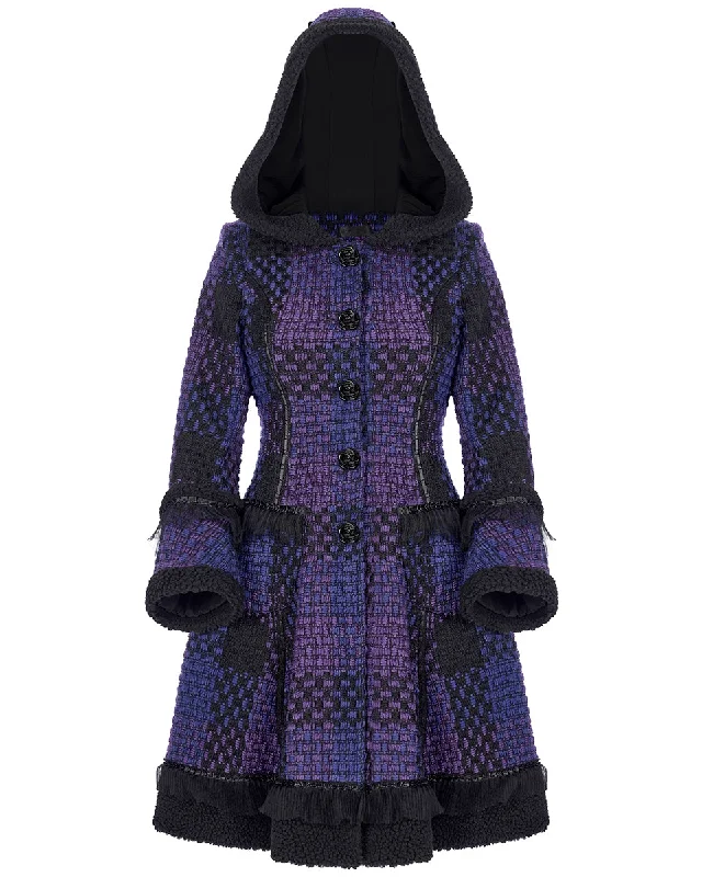 Pyon Pyon Womens Gothic Lolita Hooded Coat - Black & Purple Check A-Line Ball Gown Mermaid