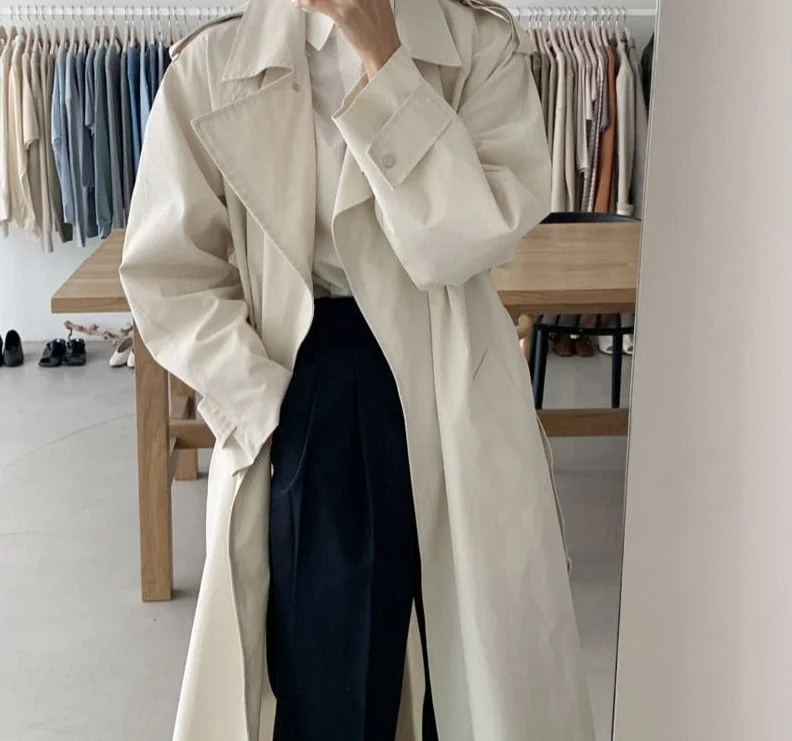 Wjczt Elegant Lapel Oversized Women Trench Coats Long Sleeve Loose Belted Sashes Female Solid Windbreaker 2021 Autumn Winter Trench Wool Cashmere