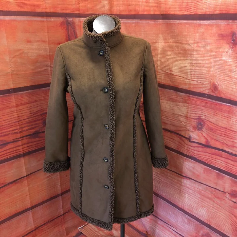 LL BEAN BROWN MF FAUX FUR COAT SZ LG TCC Front Pockets Side Pockets Patch Pockets