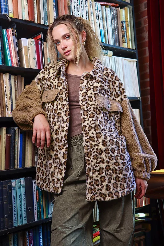 Oversized Leopard Printed Fleece Jacket Denim Fabric Leather Fabric Suede Fabric