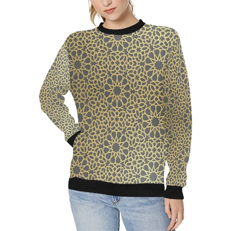 arabic star gold pattern Women's Crew Neck Sweatshirt Hoodie with Zipper Placket Modern Functional