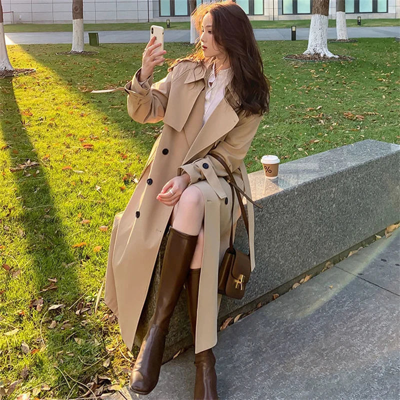 Wjczt Streetwear Loose Trench Coat Midi Length Fashion Korean Elegant Khaki Black Women's Windbreaker Coat Casual Double Breasted Tops Striped Polka Dot Floral