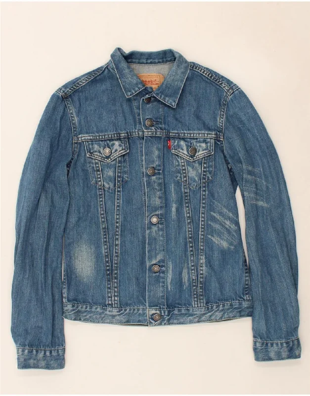 LEVI'S Womens Denim Jacket UK 12 Medium Blue Cotton Wool Fabric Cashmere Fabric Tweed Fabric