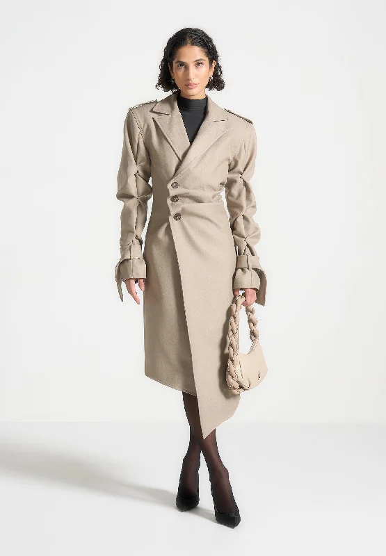 Tacked Sleeve Asymmetric Tailored Trench Coat - Beige Fitted Loose Oversized