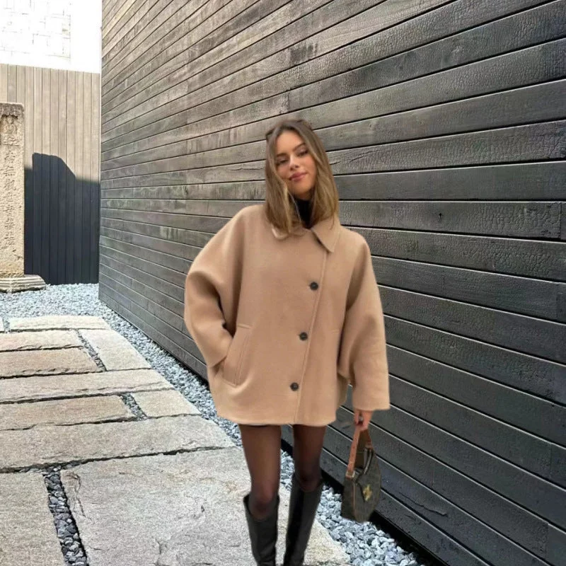 Wjczt fall 2024 fashion trends 2024 Autumn New Fashion Women's Lapel Oblique Breasted Warm Wool Blend Loose Short Coat Off-the-Shoulder Jacket Double-Breasted Coat Single-Breasted Coat