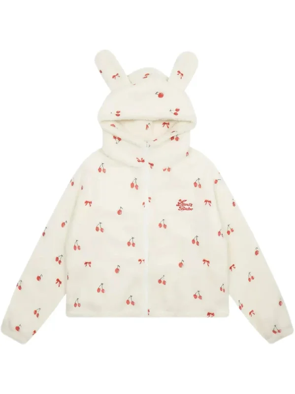 'Cherry Kiss' Coquette Cherry Fleeced Bunny Ears Coat Knit Woven Fleece