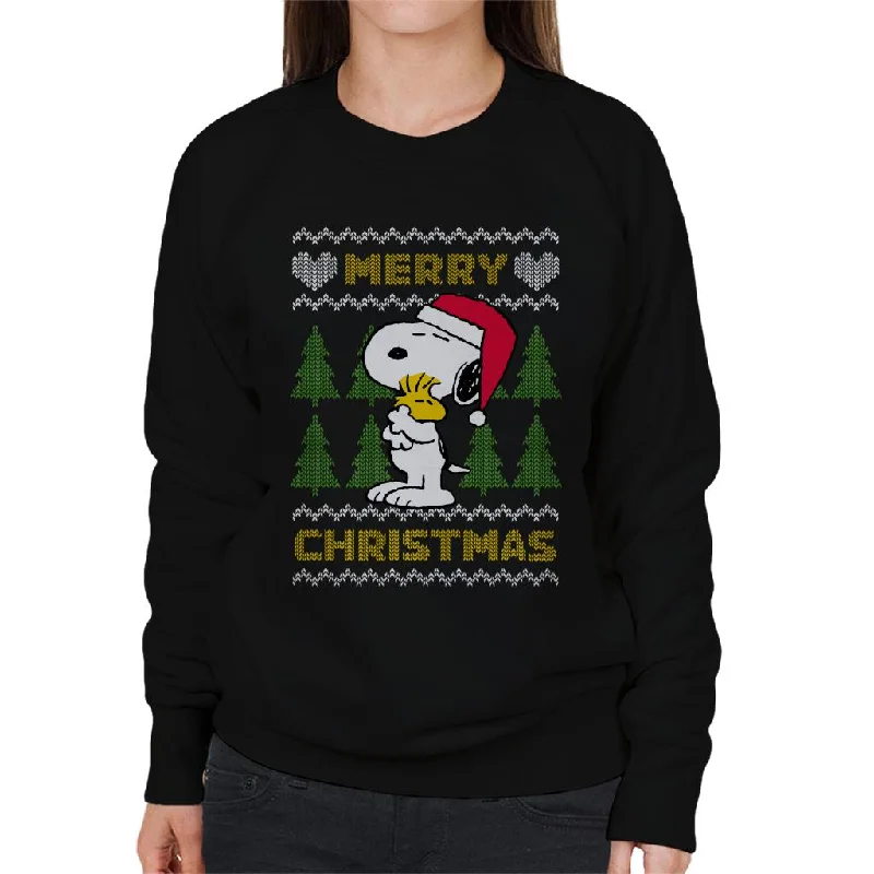 Peanuts Snoopy Hugs Merry Christmas Knit Pattern Women's Sweatshirt Hoodie with Zipper Versatile Modern