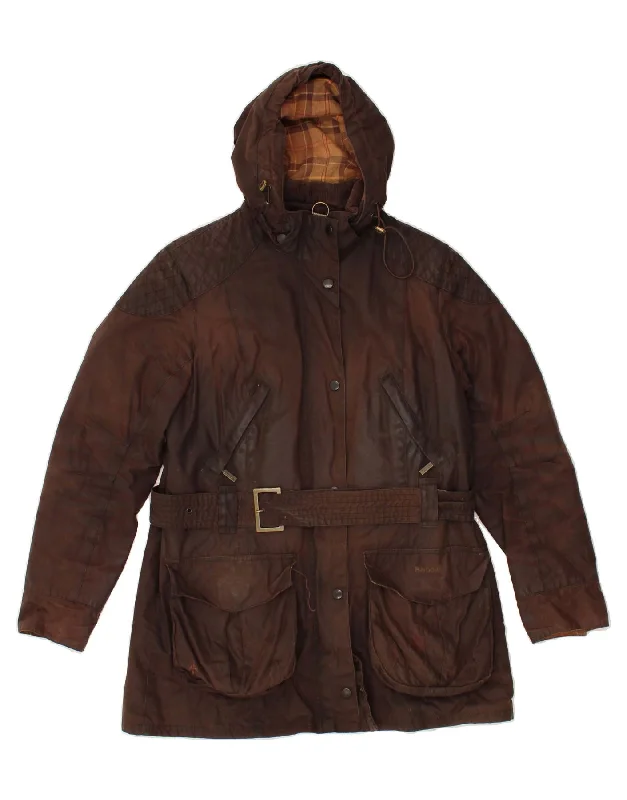 BARBOUR Womens Hooded Waxed Cotton Jacket UK 14 Large Brown Cotton Faux Fur Fabric Real Fur Fabric Shearling Fabric