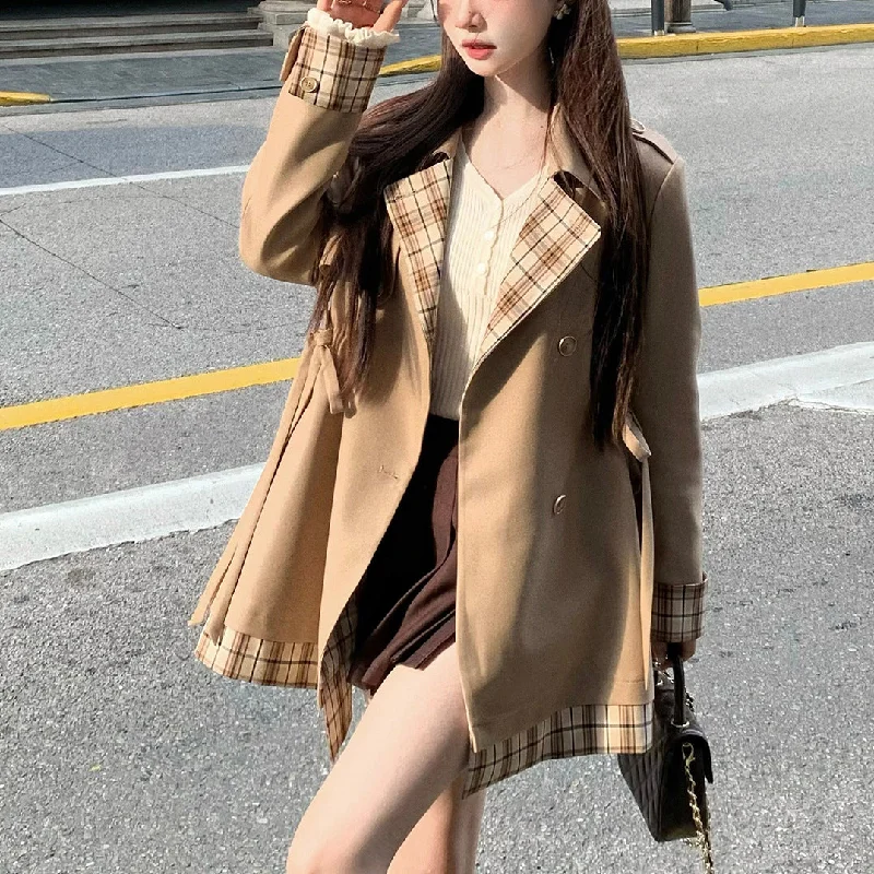 Wjczt 2024 fall fashion trends Maple Candy Girl Khaki Trench Coat Female 2024 Autumn Plaid Stitching Coat Small Versatile Mid-Length Trench Coat Houndstooth Coat Plaid Coat Tartan Coat