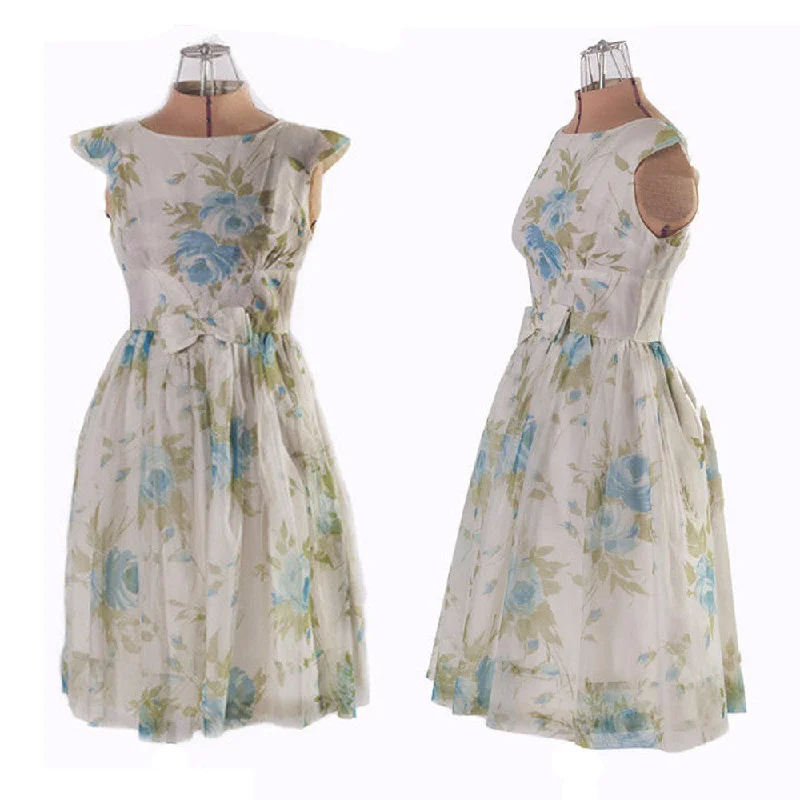 1950s Blue Floral Chiffon Party Dress Tunics Wedding white