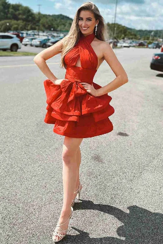 A-Line Red Halter Ruffle Short Party Dress Crew Neckline Sporty
