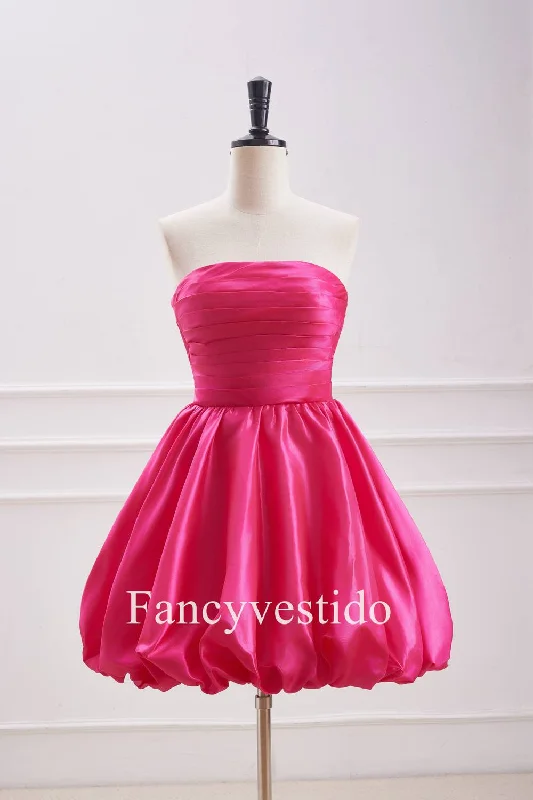 A-Line Strapless Fuchsia Pleated Short Party Dress Tunics Trendy modern