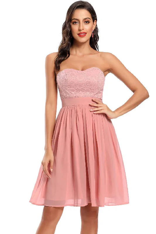 A-Line Strapless Pink Short Party Dress with Lace Top Tunics Fashionable trendy