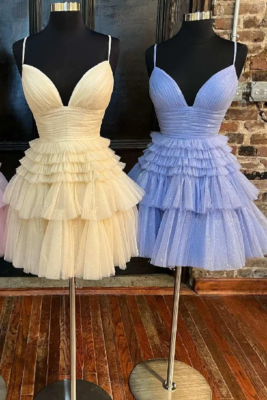 A-Line V-Neck Multi-Tiered Short Party Dress Boatneck Modish Everyday